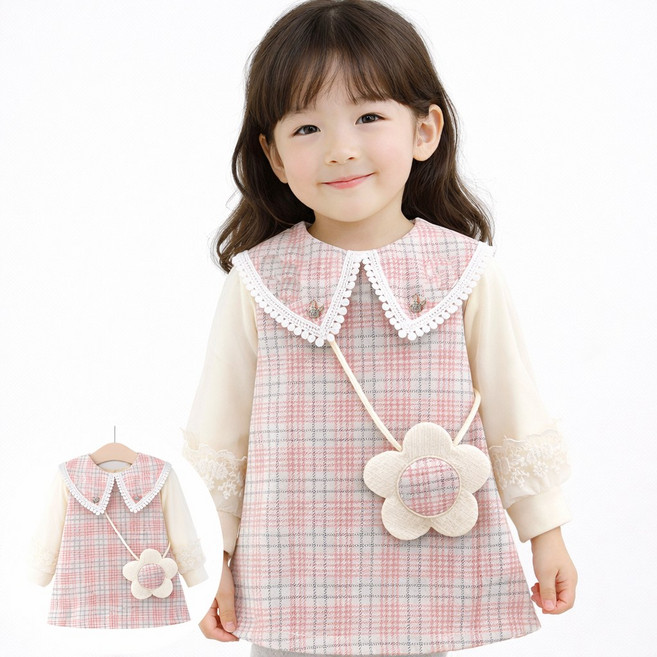 여아 아동 체크 원피스 세일러카라 레이스소매 플라워 크로스백 세트