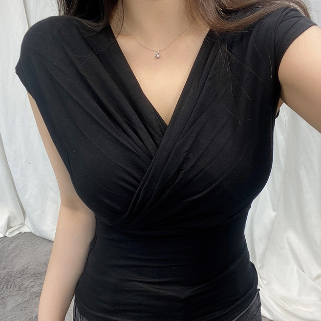 바나나2 여성 글램 섹시 셔링 랩 반팔 티셔츠