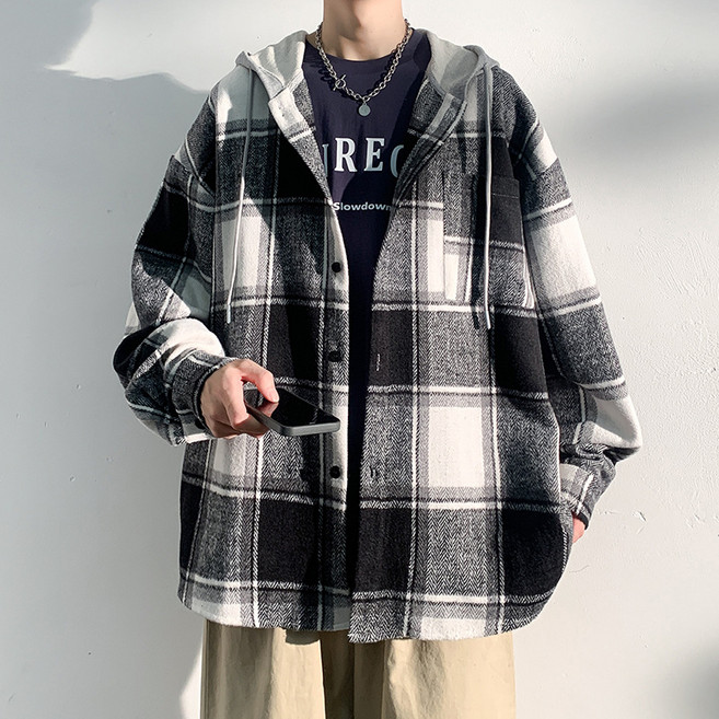 Gradle남녀 루즈핏 후드셔츠 체크 긴팔 셔츠 빅사이즈 카디건 아우터