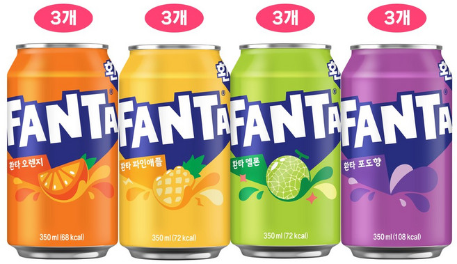 환타 4종세트[오렌지+파인애플+멜론+포도], 12개, 350ml