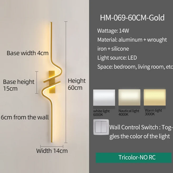 모던 LED 벽 램프 미니멀리스트 침실 옆 스콘스 조명 TV 소파 홈 장식 배경, 03 60cm GOLD, 01 Tricolor NO RC, 02 left