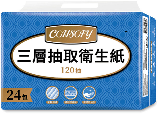 CONSOFY 三層抽取衛生紙 （120抽/包）, 1套, 24個裝