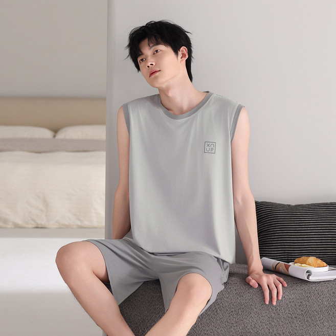 DFMEI 男士睡衣夏季薄款冰絲涼爽背心短褲寬鬆休閒大碼家居服套裝