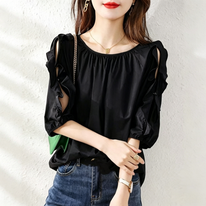 쩐쿠 여름 여성 라운드넥 어깨트임 데일리 7부 블라우스 Y8922