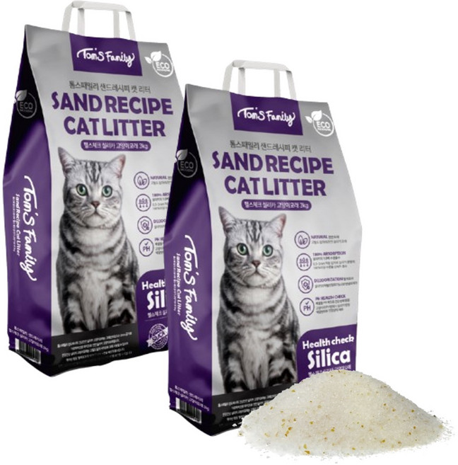 톰스패밀리 흡수형 샌드레시피 헬스체크 실리카 고운입자 고양이모래, 3kg, 2개, 무향