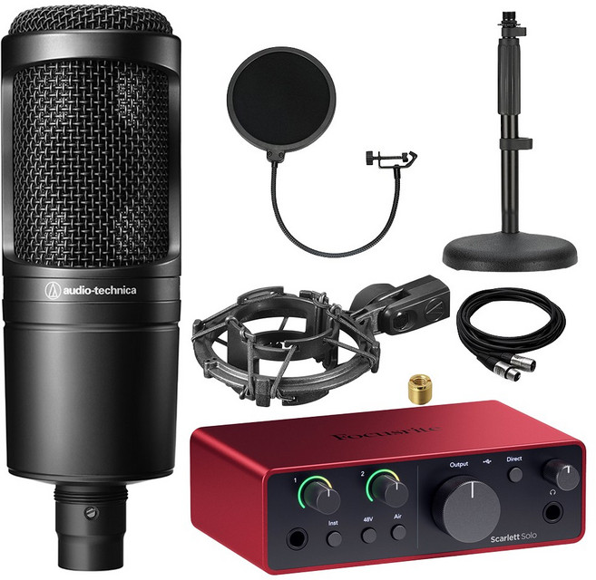 오디오테크니카 AT2020 콘덴서 마이크 포커스라이트 스칼렛 솔로 4세대 홈레코딩 세트, 쇼크마운트+일자형스탠드+팝필터+케이블