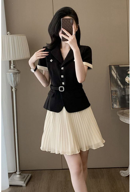 해피유통 여성 여름 패션 투피스 반팔 재킷 허리 라인 플리츠 스커트byq
