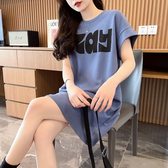 PEROLA 여성 여름 순면 루즈핏 반팔 원피스 라운드 베이직 캐주얼 빅사이즈 숏 원피스