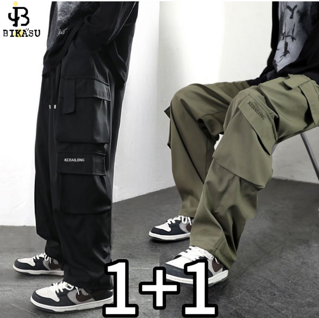 BIKASU 1+1 남성 오버핏 카고바지 빅사이즈 트레이닝 조거팬츠 캐주얼 카고 팬츠
