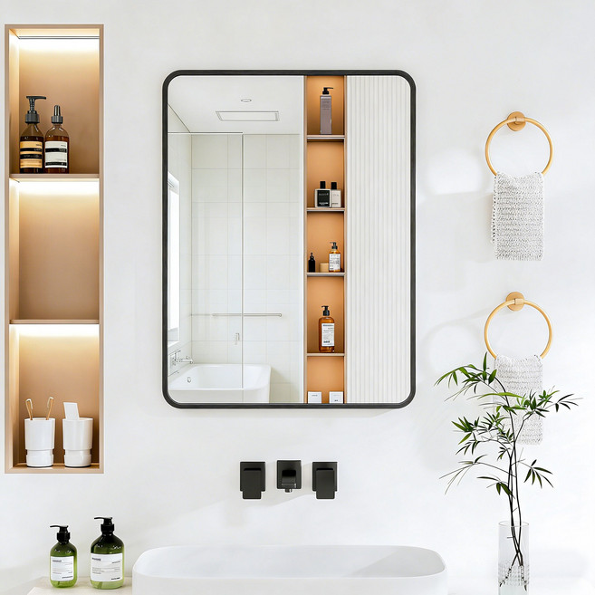 뷰티피크 라운드형 벽거울 화장대거울 욕실거울 강화안전유리, 블랙45cm