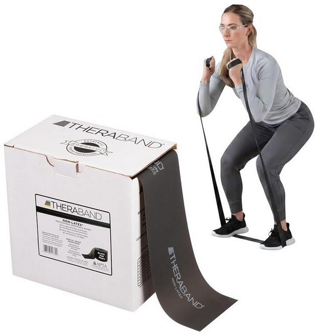 THERABAND 저항 밴드 45.2m(50야드) 롤 헤비 그린 논 라텍스 전문 탄성 밴드 상체 및 하체 운동 물리 치료 필라테스 및 재활용 디스펜서 박스 레벨 4, Non-Latex, Black | Special Heavy