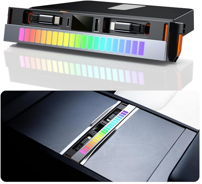 DGXWLLW 테슬라 모델 Y 주니퍼 2025 2026 3 하이랜드 2024 2025용 USB 허브 슬라이딩 커버 포함 107W RGB 주변 조명 도킹 스테이션 멀티 포트