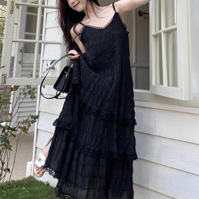 라라홀리 휴양지룩 프릴 레이스 캉캉 뷔스티에 롱 플레어 원피스