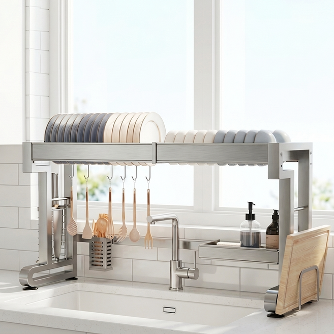 잔비오 프리미엄 304 스텐 길이조절 확장형 식기건조대 무타공 싱크대 선반, 1개, 풀세트, 1단