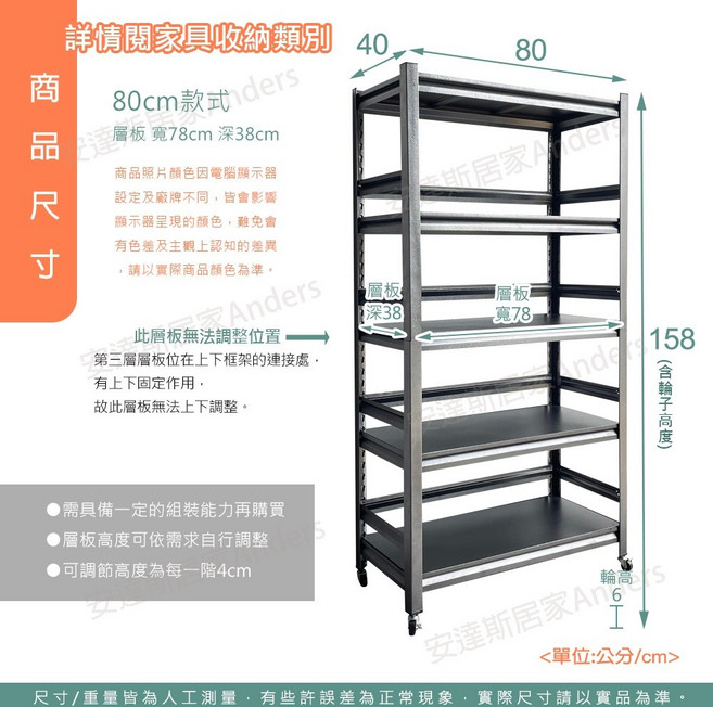 安達斯 多功能收納置物架, 1個, 6) 80cm寬 五層角鋼架