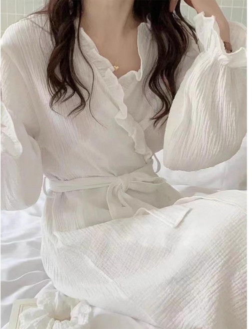 純棉荷葉邊長袖中長款居家浴袍睡袍, 白色,XL, 1個