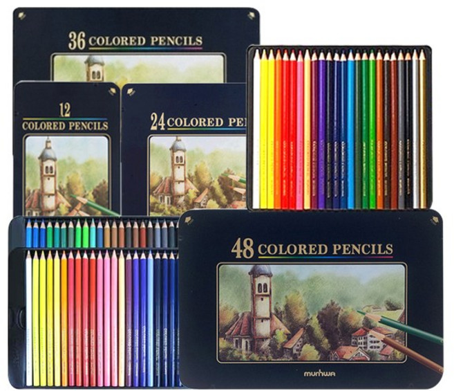 [제이제이오피스] 문화 넥스프로 일반 유성 색연필 컬러펜슬 12색/24색/36색/48색 세트 틴케이스 컬러링북, 12색