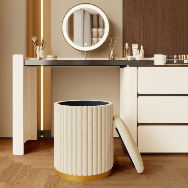 ANYOU 화장대 스툴 수납스툴 원형 낮은스툴 침실 거실 다용도 보관함 겸 벨벳, 1개, 골드