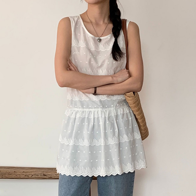 [S~L] 봄 레이어드 화이트 레이스 민소매 블라우스 빅사이즈
