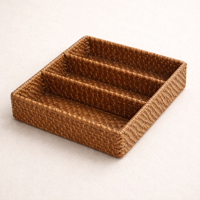 도브별 천연 라탄 3칸 수납 정리함 칸막이 바구니 트레이 욕실 주방 화장대 소품 정리 오거나이저, 1개, 천연라탄색