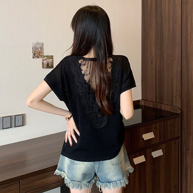 지고다그 여성용 여름 레이스 백포인트 반팔 티셔츠 섹시한 시스루 디테일 데일리 상의 YY31051