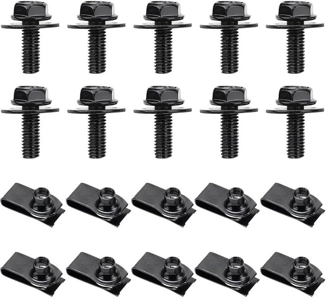 KBAEY 10 PCS 차체 볼트 및 U-너트 키트 펜더 범퍼 후드 실드 패널 라디에이터용 헥스 스크류 U 너트 클립 유니버설 자동차 푸시 풀 메탈 패스너 리테이너 액세서리(, 20 PCS