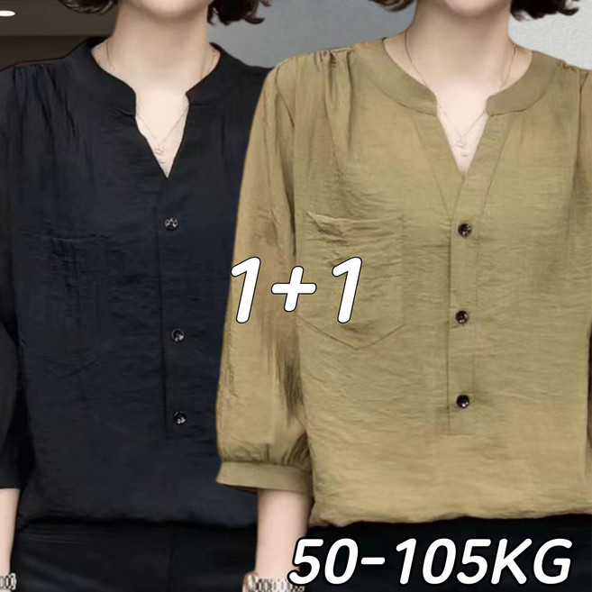 1+1 중년여성 오버핏 린넨 반팔 티셔츠 7부소매 여름 브이넥 면마 반팔티 빅사이즈 50대60대