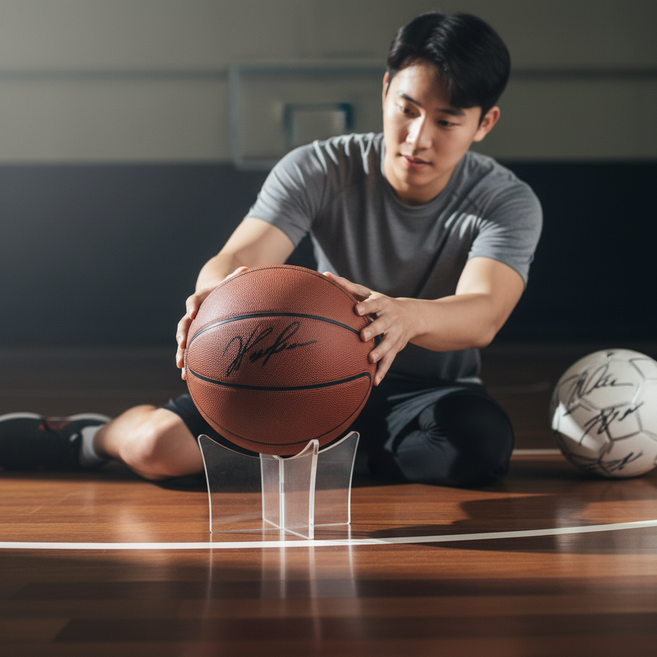 스포츠 볼 진열대 축구 농구 사인볼 거치대 투명 아크릴 케이스 함, 농구-축구공받침대, 1개