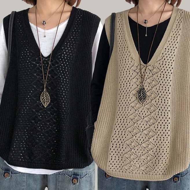 1+1 여름 보헤미안 그물 레이어드 브이넥 니트조끼 베스트