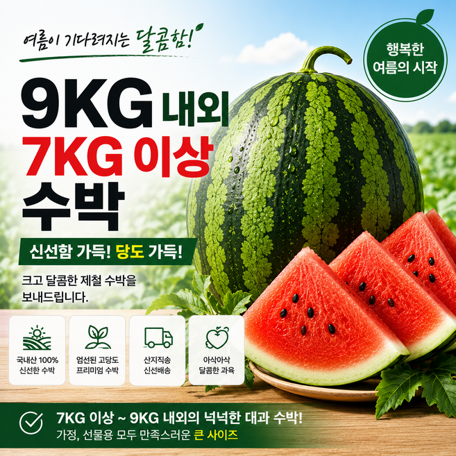 13brix 고당도 꿀수박 당도선별 여름 제철 과일 특품 수박, 1개, 7kg~9kg