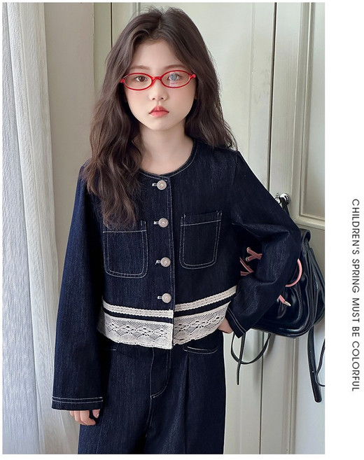 쪼꼬미샵 주니어 초등학생 여아 봄가을 레이디 레이스 크롭정장세트