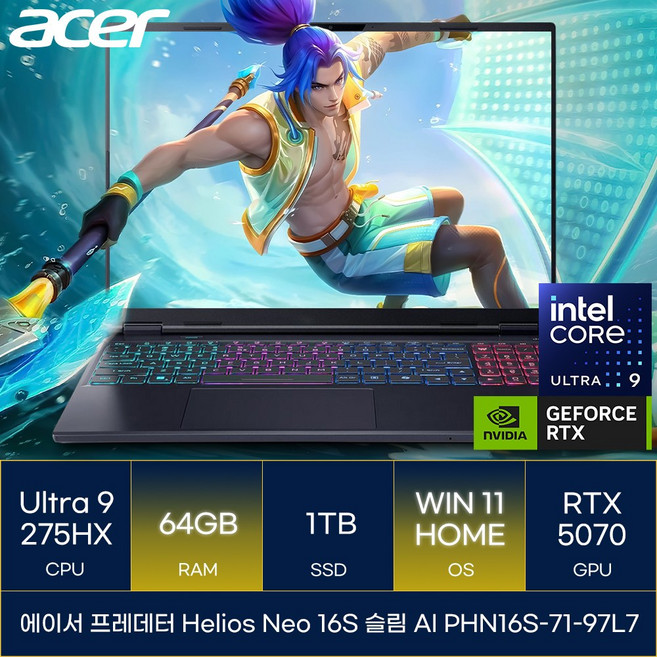 에이서 프레데터 헬리오스 네오 16S 슬림 AI PHN16S-71-97L7, WIN11 Home, 64GB, 1TB, 블랙