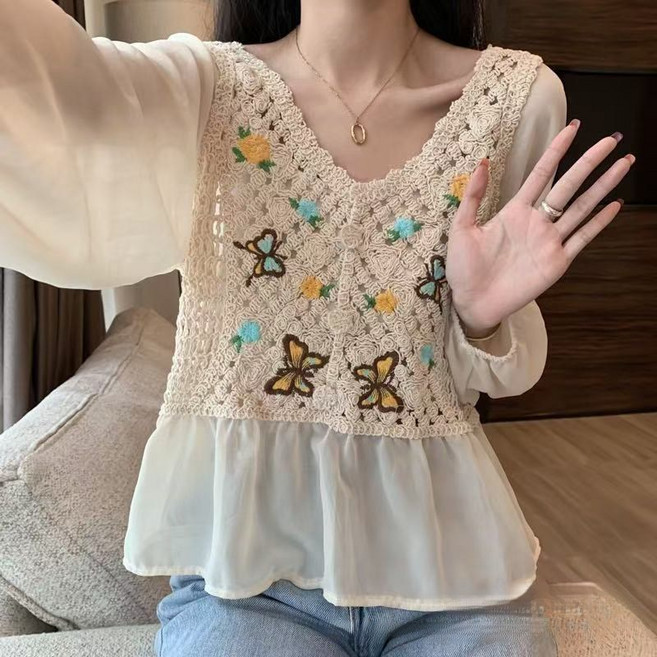 DUOMIHAN여성 블라우스 쉬폰 레이스 브이넥 나비 자수 긴팔 페미닌WZS60313