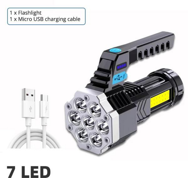 고출력 충전식 LED 손전등 7LED 캠핑 토치 Cob 사이드 라이트 경량 야외 조명 ABS 소재, [02] 무배 828   7LED, 1개, 2) 7LED