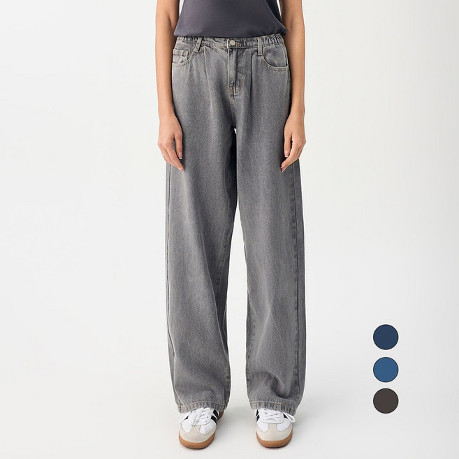 엘블로썸 여성 [숏 기본 롱] 허리편한 핀턱 와이드 밴드 청바지