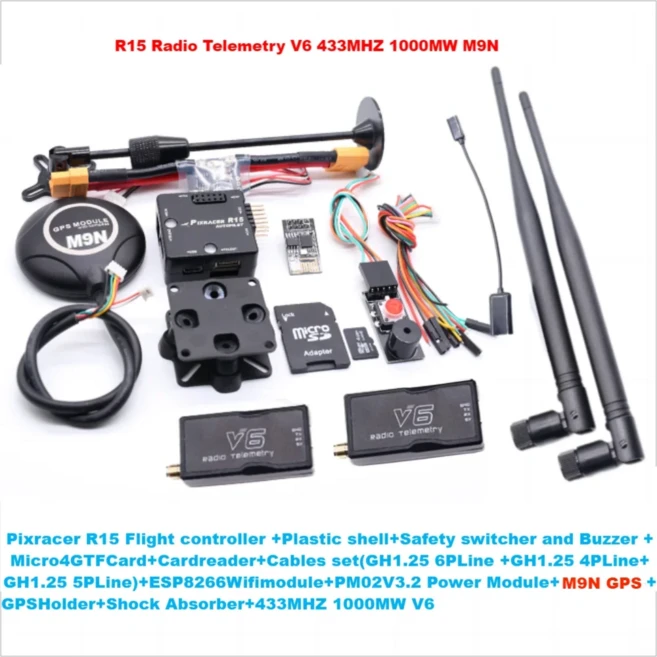 픽스레이서 R15 오토파일럿 PX4 픽스호크 비행 컨트롤러 M8N/M9N/M10 GPS 라디오 텔레메트리 V6 세트 RC 쿼, 15 433MHZ 1000MW M9N