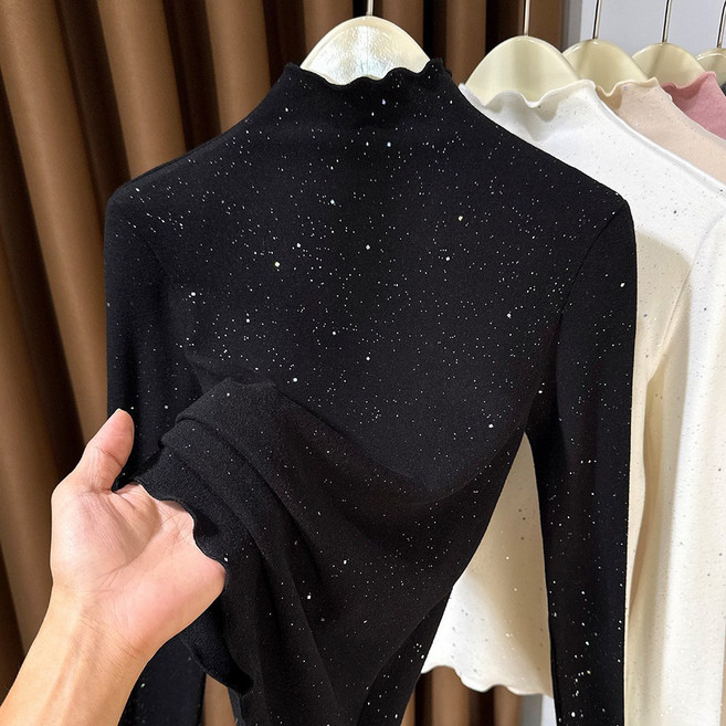 ROYALBELLE 여성 빅사이즈 스팽글 반짝이 프릴 플리스 이너 긴팔 티셔츠 K0110806