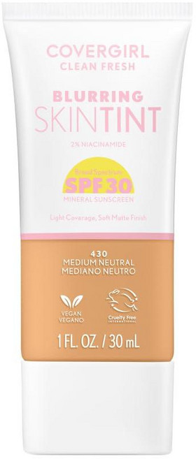 COVER 오버GIRL 걸 CLEAN 클린 Fresh 블러링 스킨 틴트 SPF 30 465 딥 뉴트럴 리퀴드 파운데이션 소프트 매트 피니시 매끄럽고 밝음 모공을 흐리, SPF 430 Medium Neutral, 1개