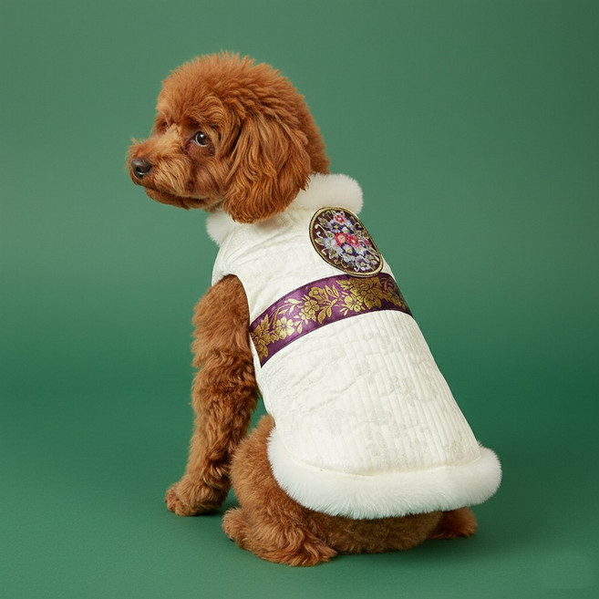 강아지 고양이 전통 자수 누빔 털조끼 남아용, 1개, 아이보리