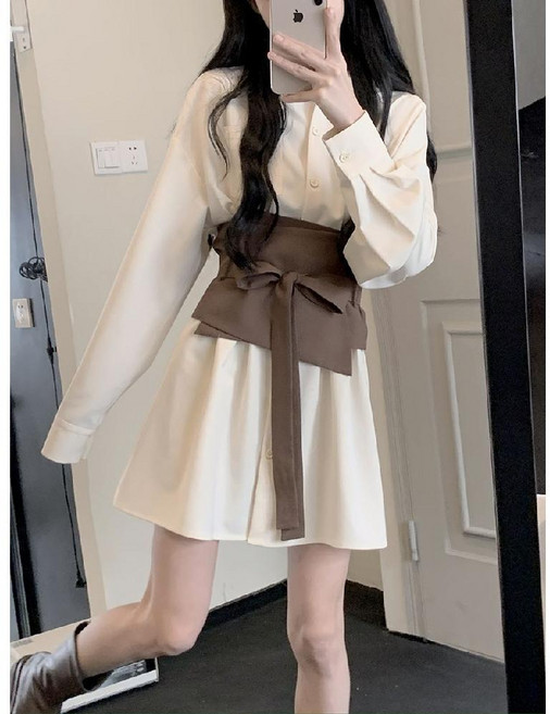 레이어드 긴팔 셔츠 원피스 특이한 데일리룩 배색 허리 리본 끈 벨트 하객 빅사이즈 3XL