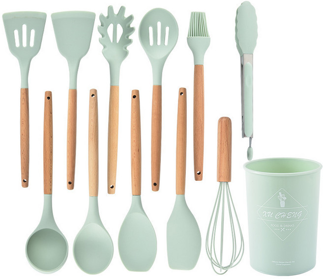 실리콘 주방 조리 도구 12종 세트 수납통 포함, 녹색, 1세트