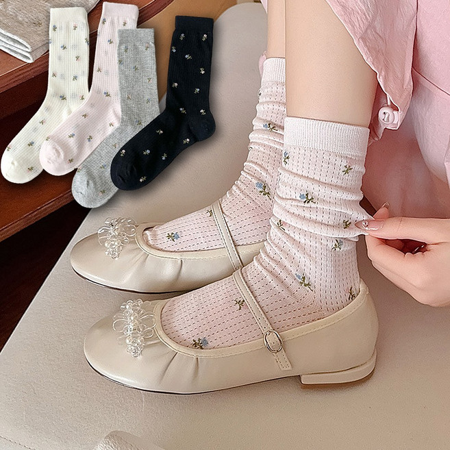 4켤레 세트 잔잔한 플라워 패턴 매쉬양말 여성 시원한 양말