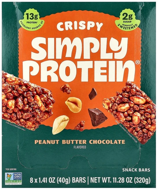Simply Protein 크리스피 스낵 바 피넛 버터 초콜릿 바 8개 각 40g(1.41oz) Protein (심플리 프로틴), 8 개 - 쿠팡
