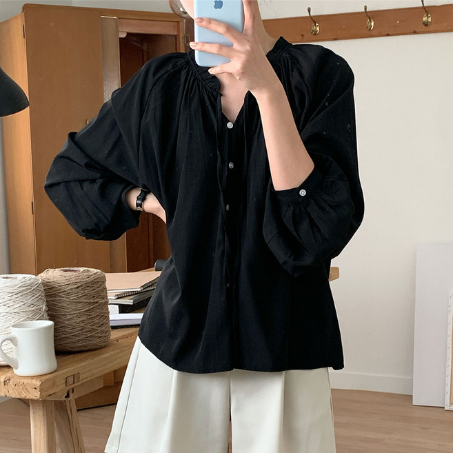 빅사이즈 프릴 여성 러블리 버튼 벌룬 블라우스 빅사이즈 하객룩 셔츠 남방