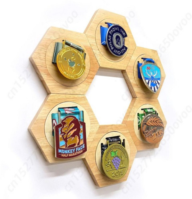메달 걸이 벌집 콤비네이션 디스플레이 스탠드 육각 나무 거치대 스포츠용 행어 1 팩, [01] Honeycomb