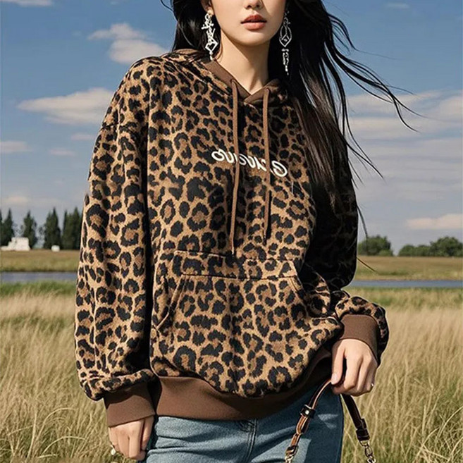 페이준 여성 봄가을 레오파드 후드 긴팔 프린트 맨투맨 LN188