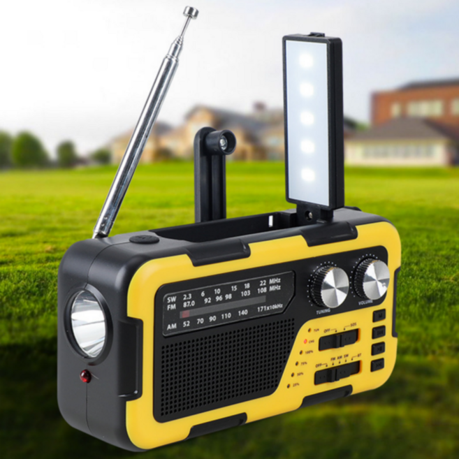 휴대용 태양열 라디오 핸드 크랭크 야외 비상 SOS 라디오 FM AM 효도 라디오 대용량 LED 조명 블루투스 스피커 강력한 조명 손전등 지원 TF 카드 다기능 스피커 MP3 안테, 노란색, 10