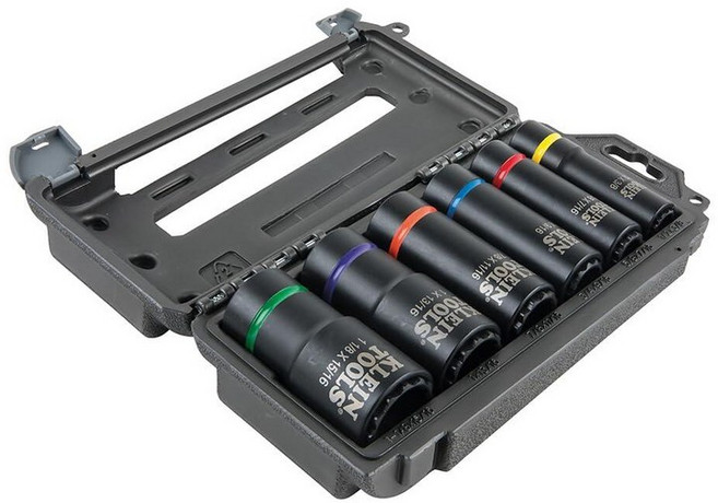Klein Tools 66001 2-in-1 임팩트 소켓 소켓 렌치 사이즈 1.4cm(9/16인치)~1.9cm(3/4인치) 육각 1.3cm(1/2인치) 드라이브가 있는 12, 6-Piece Kit
