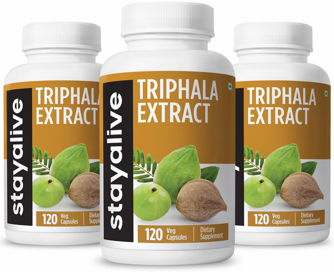 StayAlive (Usa 빠른 구매) 트리팔라 캡슐 1000mg 암라 비비타키 및 하리타키 과일 추출물이 함유된 10:1 가자 추출물 데일리 웰니스를 위한 트리팔라 추출물, 3개, 120정