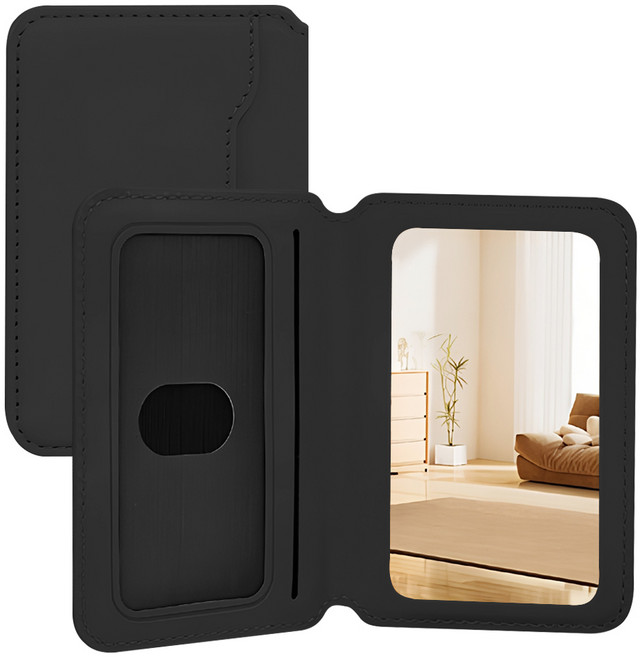 더조은셀러 맥세이프 가죽 카드 2장 수납 접이식 스탠드 거치 슬림 거울 미러 지갑, 1개, 매트블랙